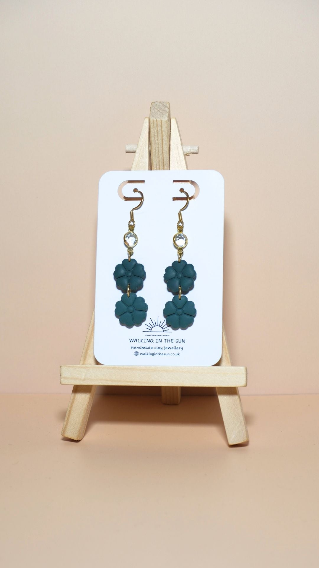 Handmade classic flower stack with gem polymer clay earrings in forest green