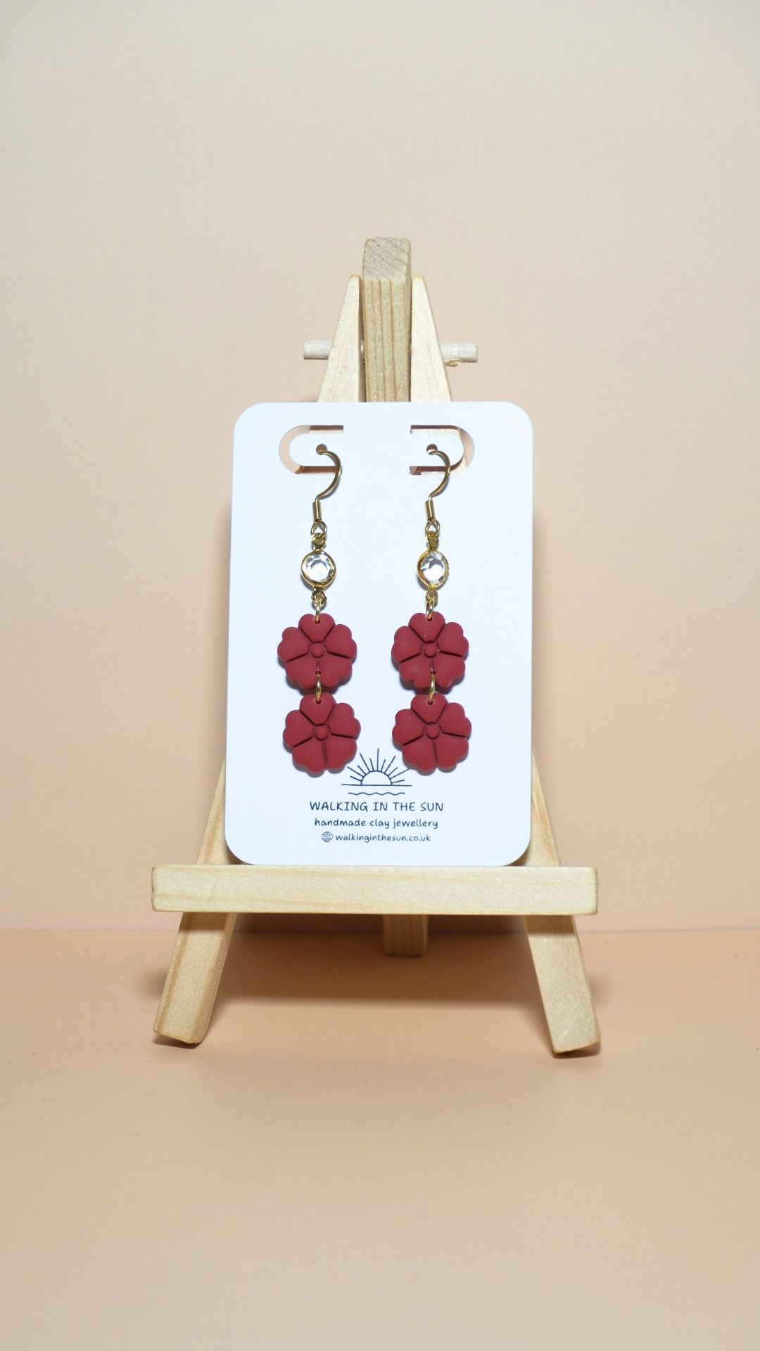 Handmade classic flower stack with gem polymer clay earrings in strawberry red