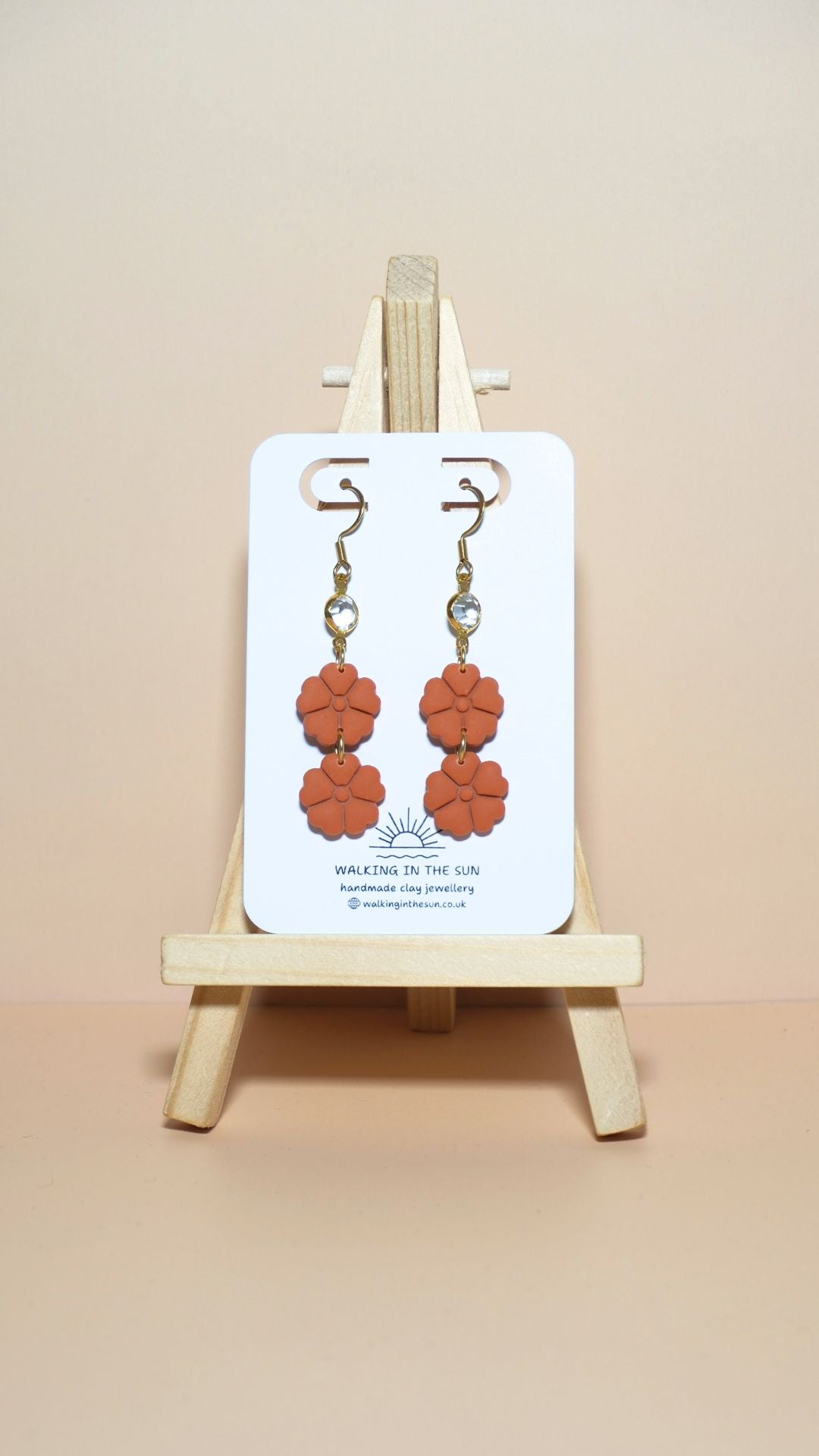 Handmade classic flower stack with gem polymer clay earrings in sunny orange