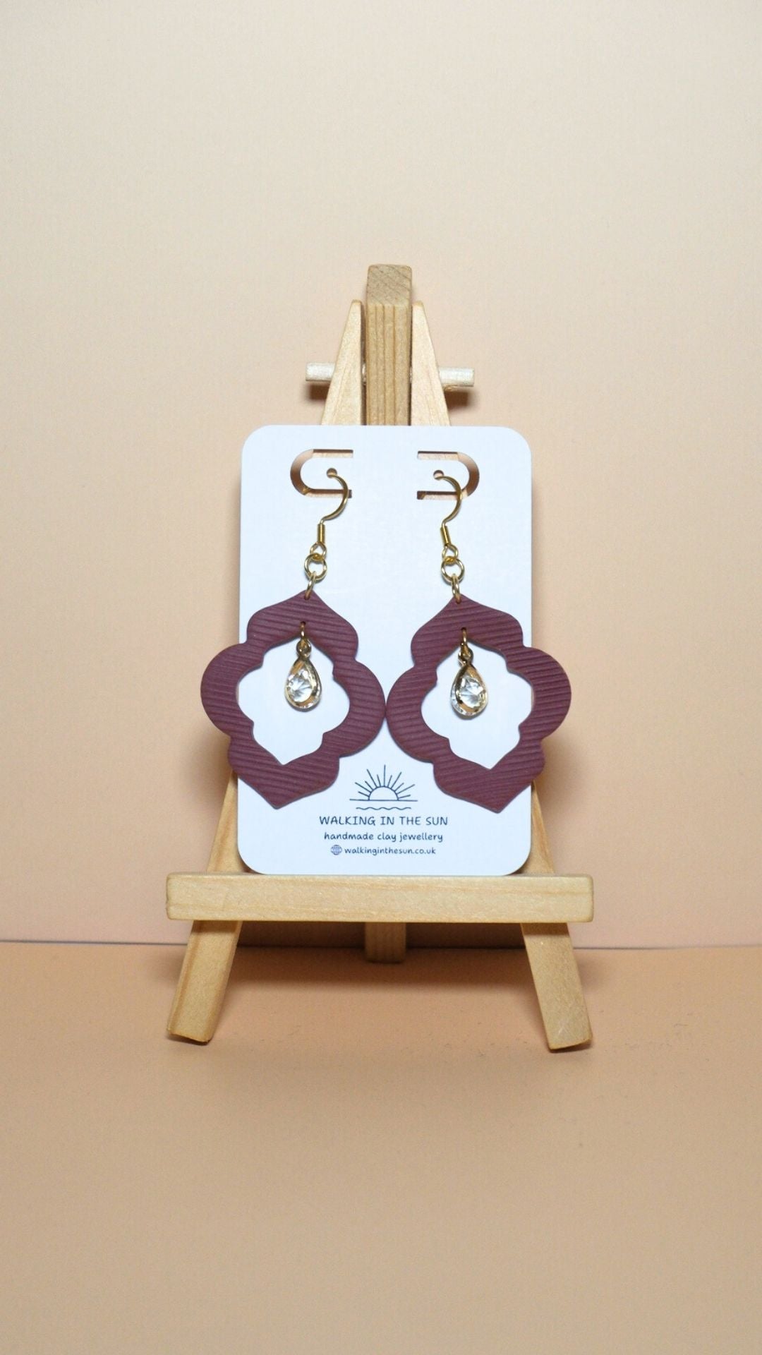Handmade crystal drop frame polymer clay earrings in berry red