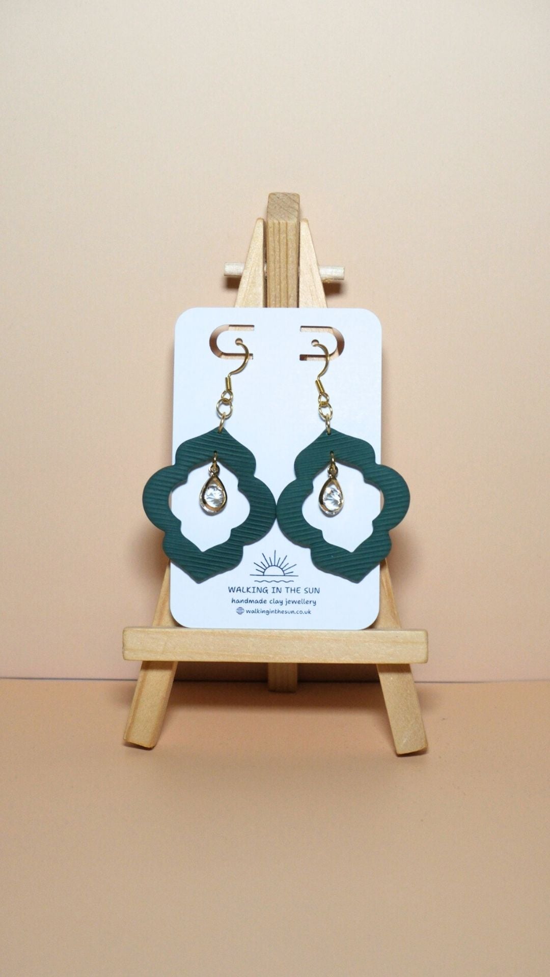 Handmade crystal drop frame polymer clay earrings in forest green