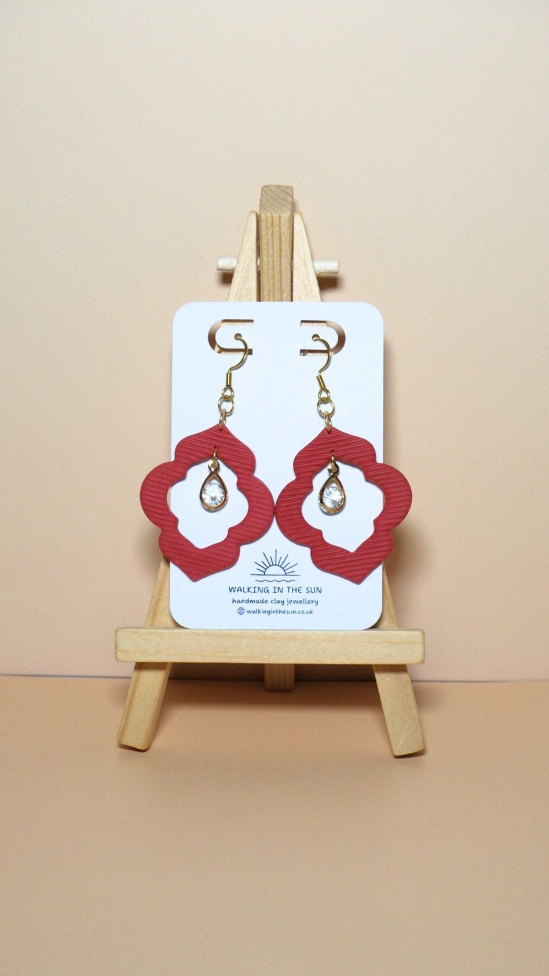 Handmade crystal drop frame polymer clay earrings in strawberry red