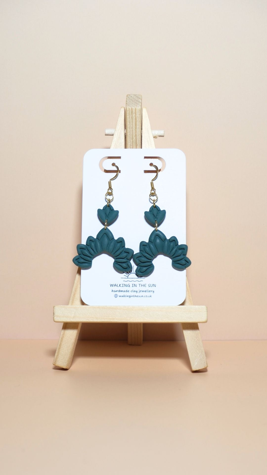 Handmade floral dangle polymer clay earrings in forest green