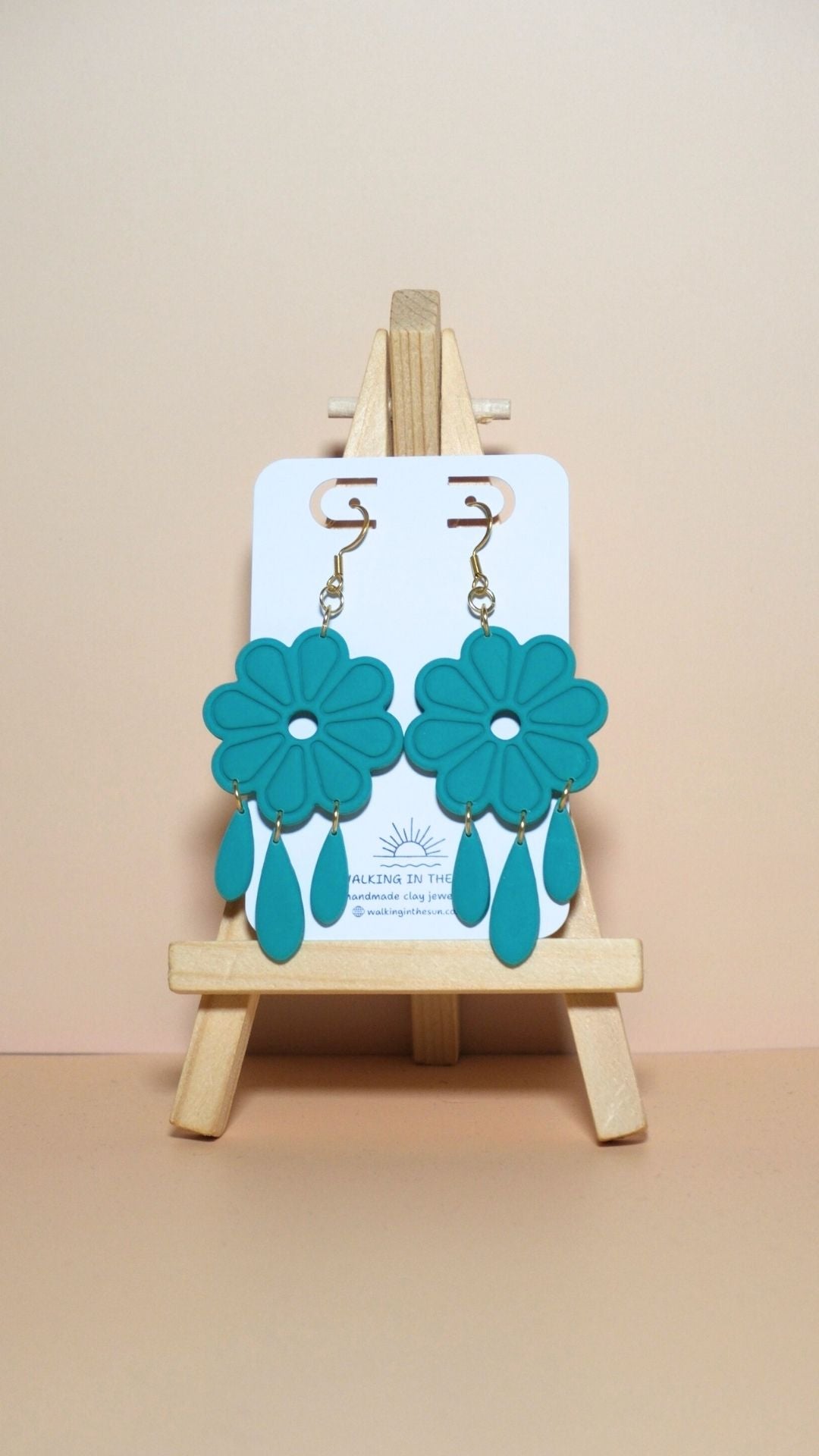 Handmade floral with dangles polymer clay earrings in sea blue