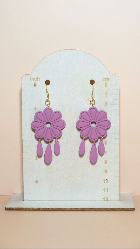 Handmade floral with dangles polymer clay earrings size guide showing scale and measurements – Spring collection