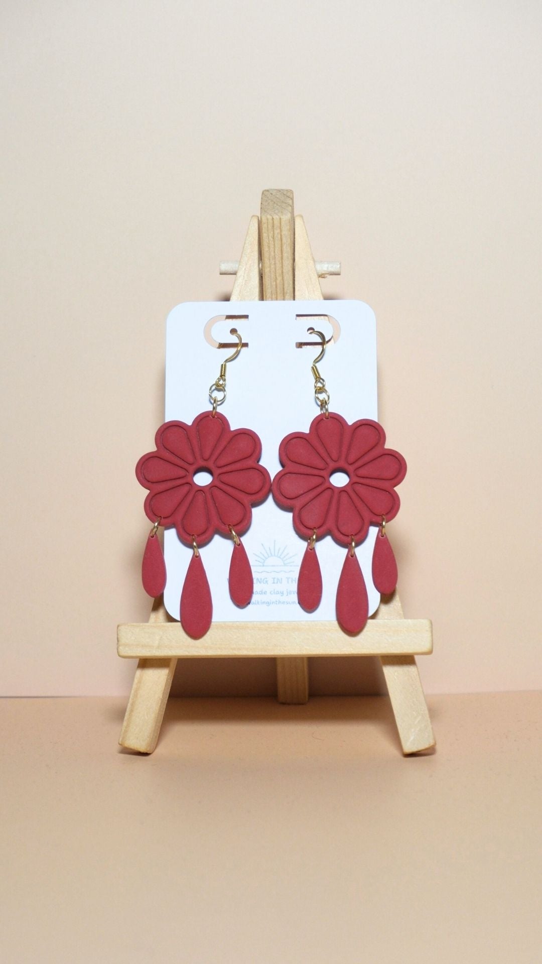 Handmade floral with dangles polymer clay earrings in strawberry red