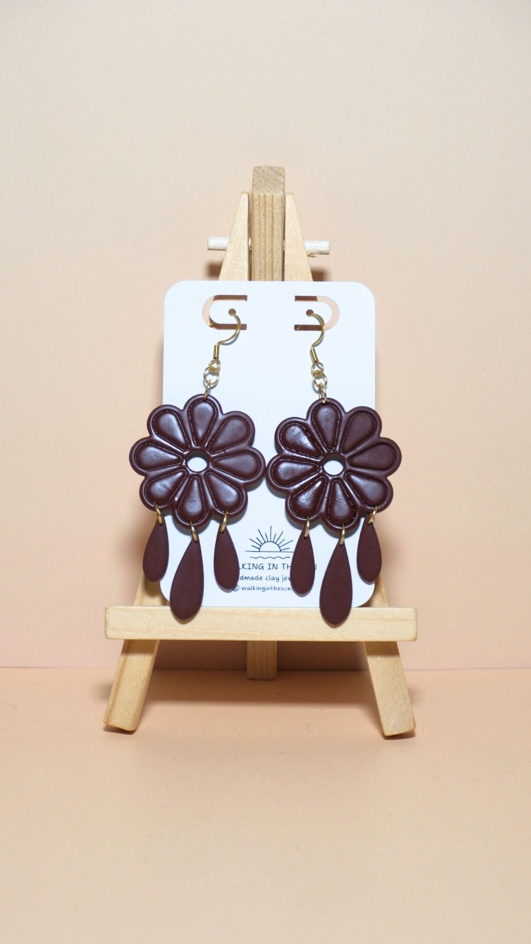 Handmade floral with dangles polymer clay earrings in wine red