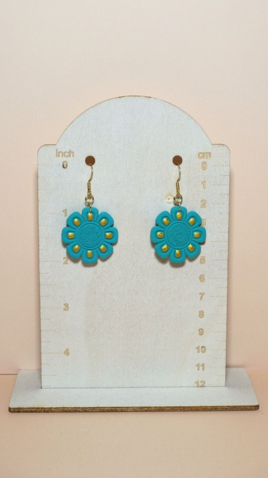 Handmade flower with gold detailing polymer clay earrings size guide showing scale and measurements – Summer collection