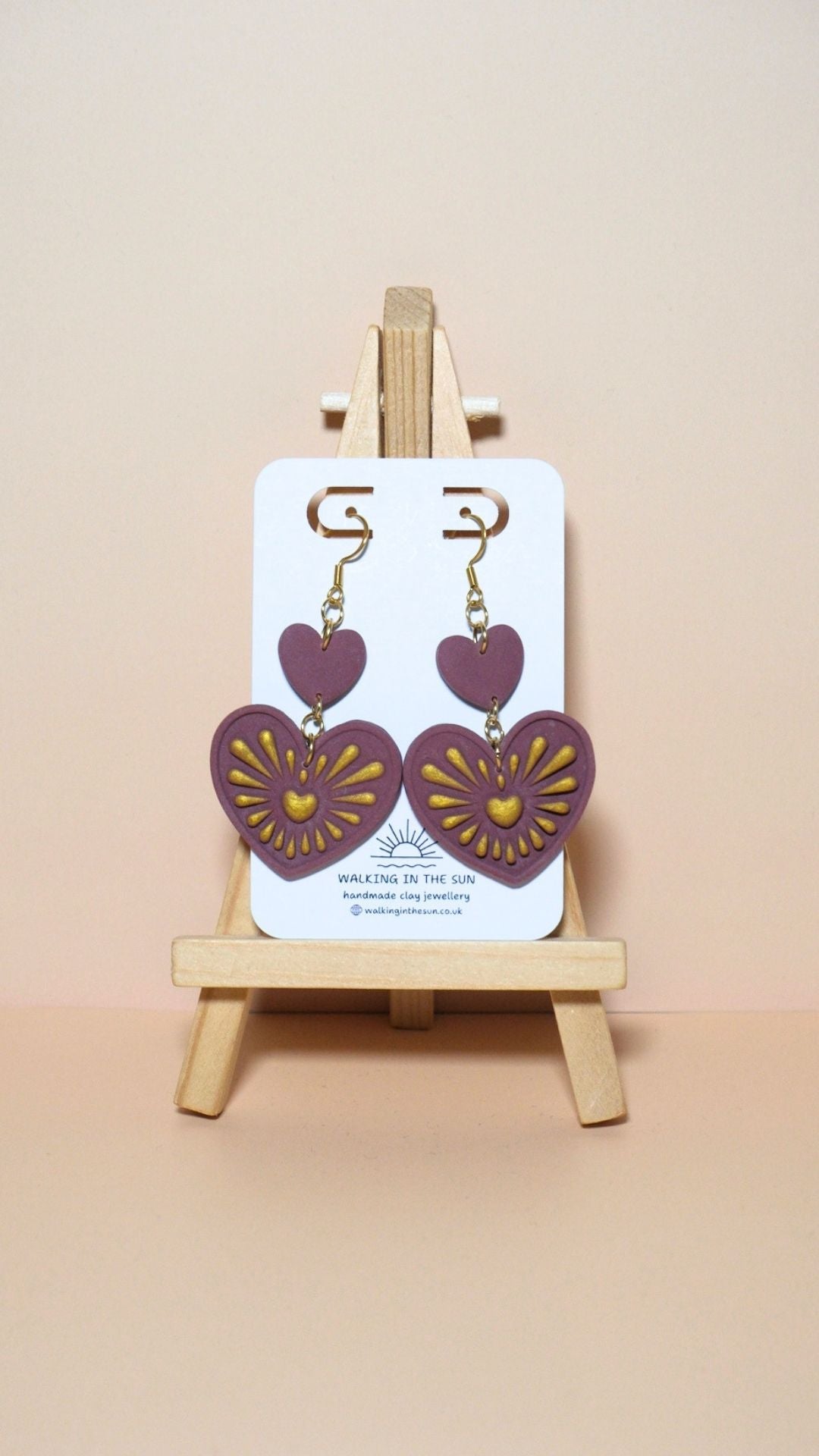 Handmade heart with gold detailing polymer clay earrings in berry red