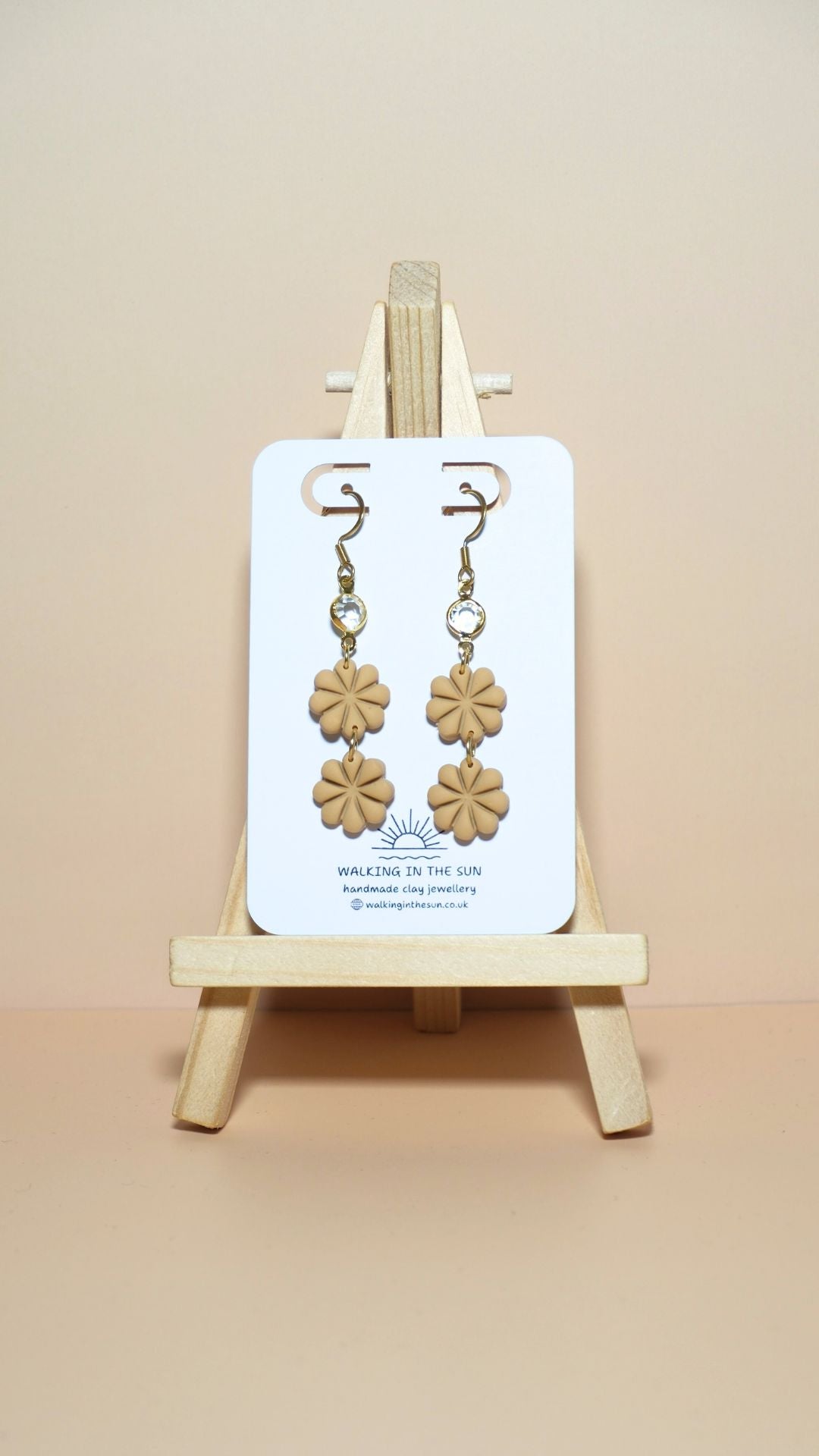Handmade petite flower stack with gem polymer clay earrings in daffodil yellow