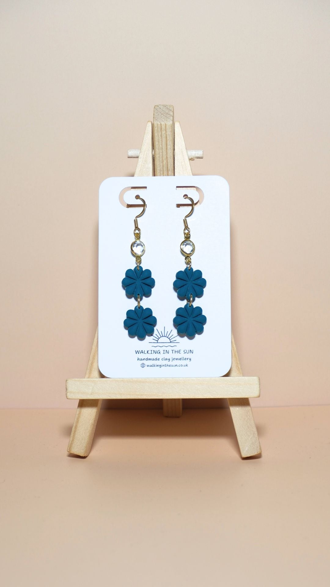 Handmade petite flower stack with gem polymer clay earrings in ice blue