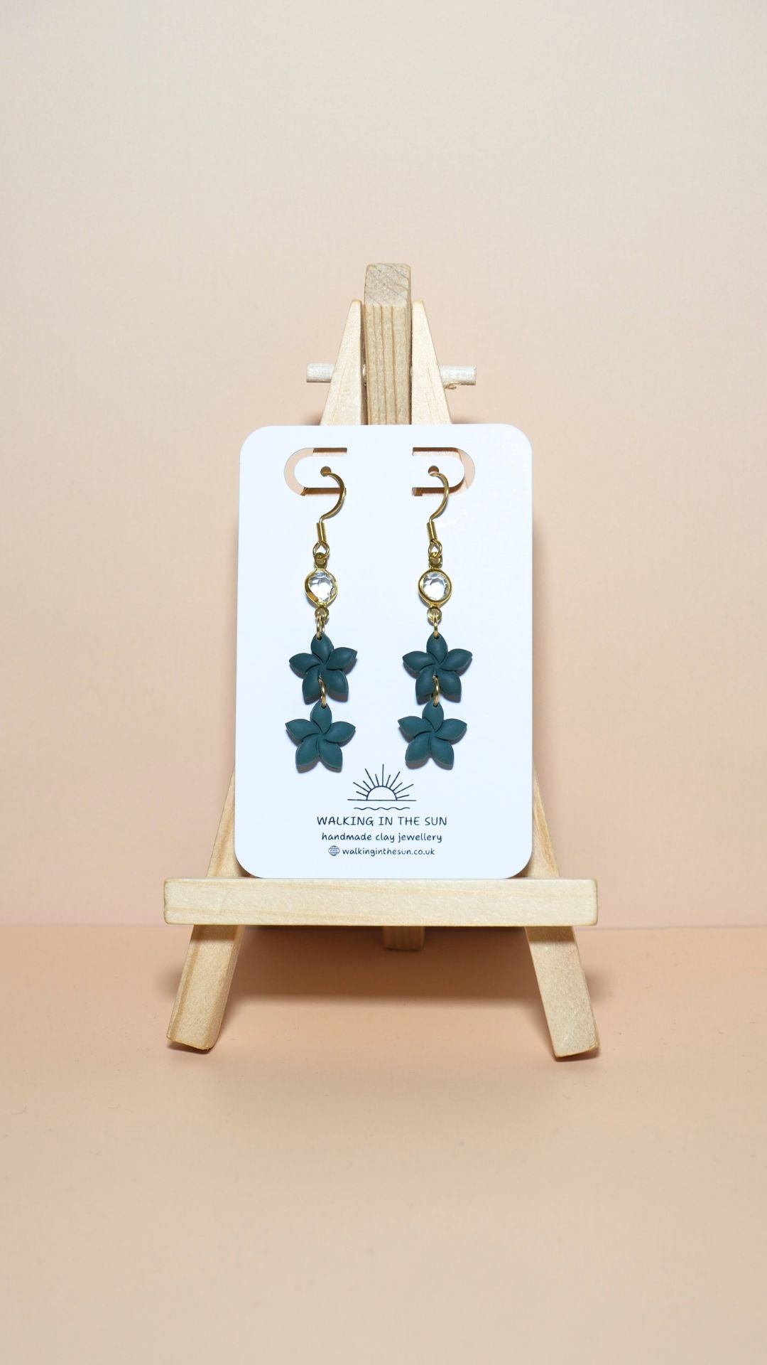 Handmade statement flower stack with gem polymer clay earrings in forest green