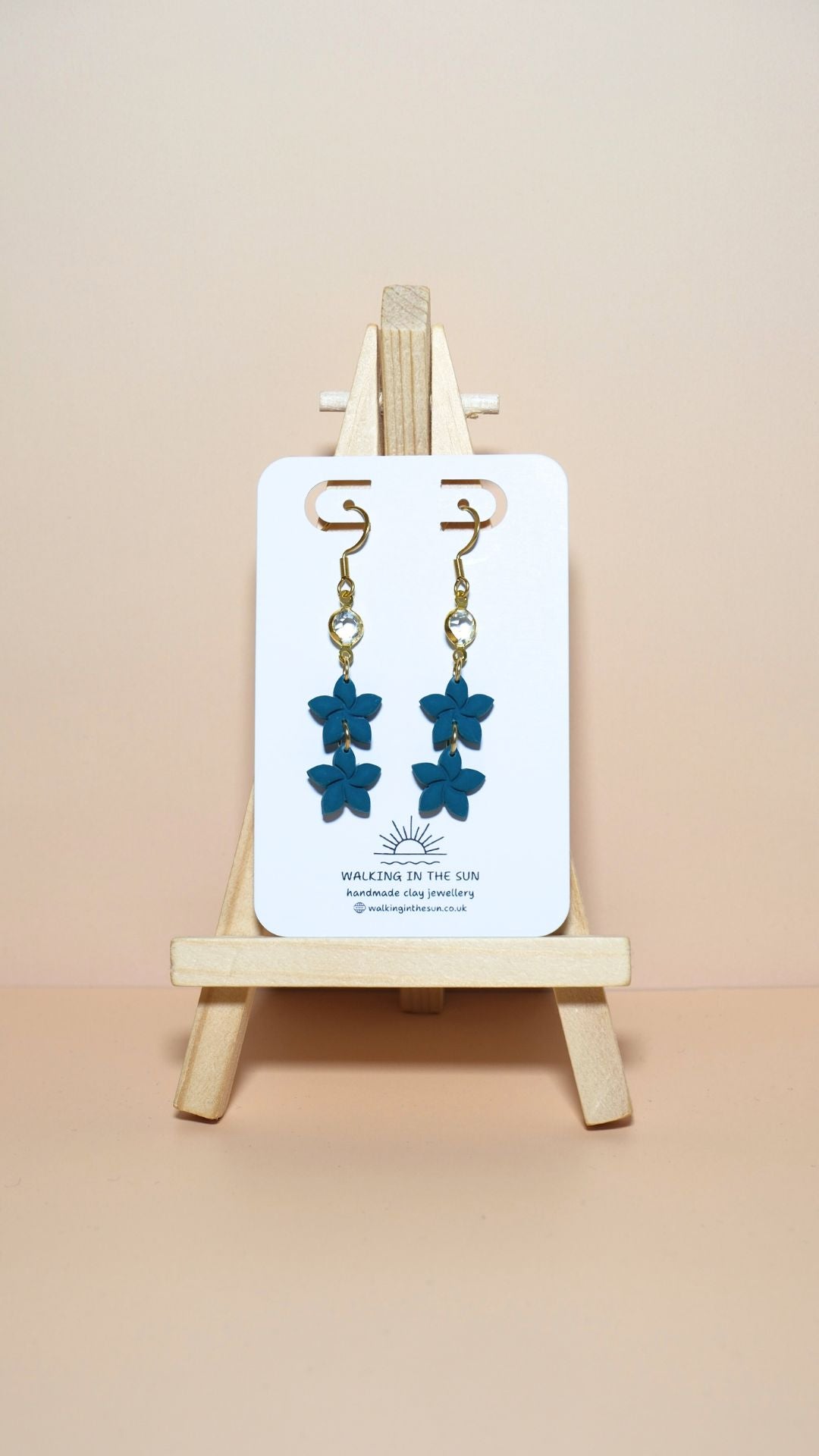 Handmade statement flower stack with gem polymer clay earrings in ice blue