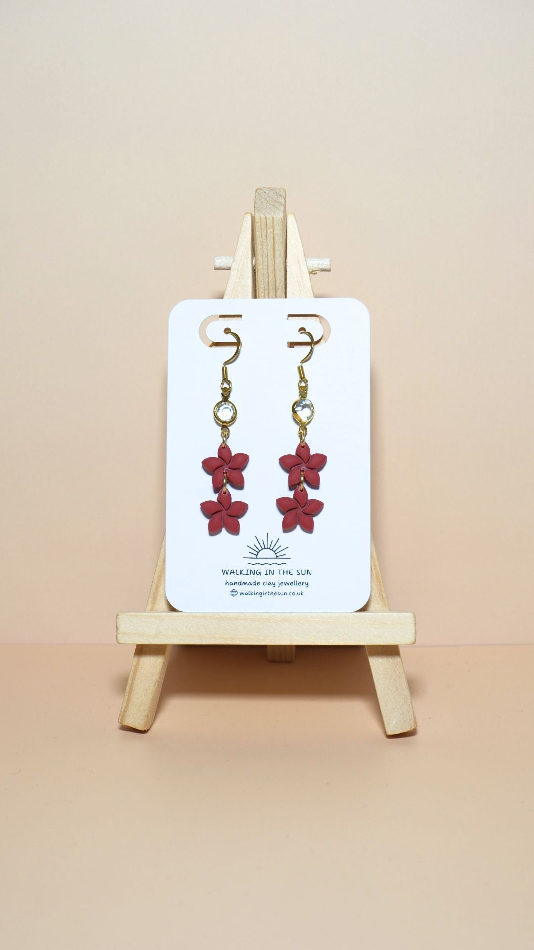Handmade statement flower stack with gem polymer clay earrings in strawberry red