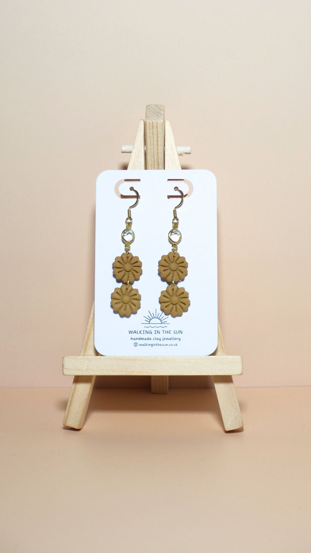 Handmade tiered flower stack with gem polymer clay earrings in mustard yellow