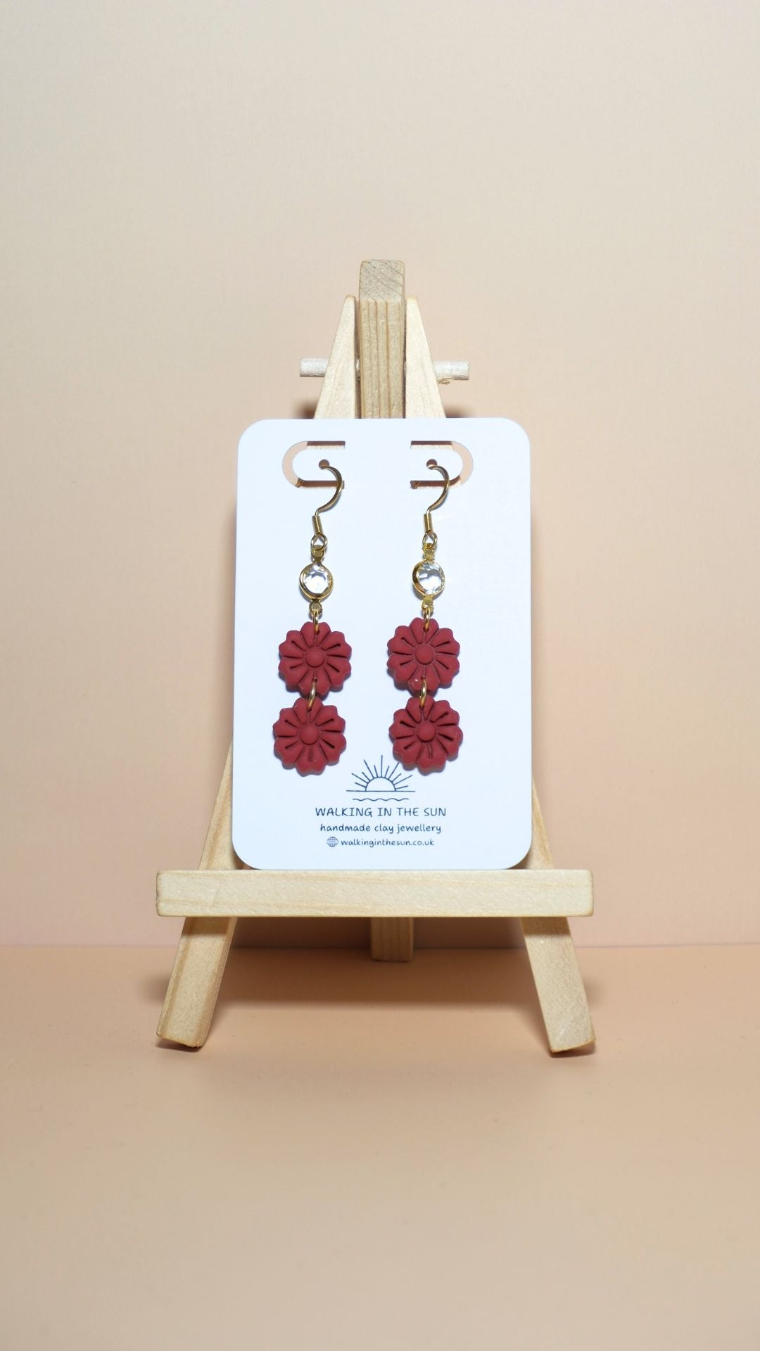 Handmade tiered flower stack with gem polymer clay earrings in strawberry red