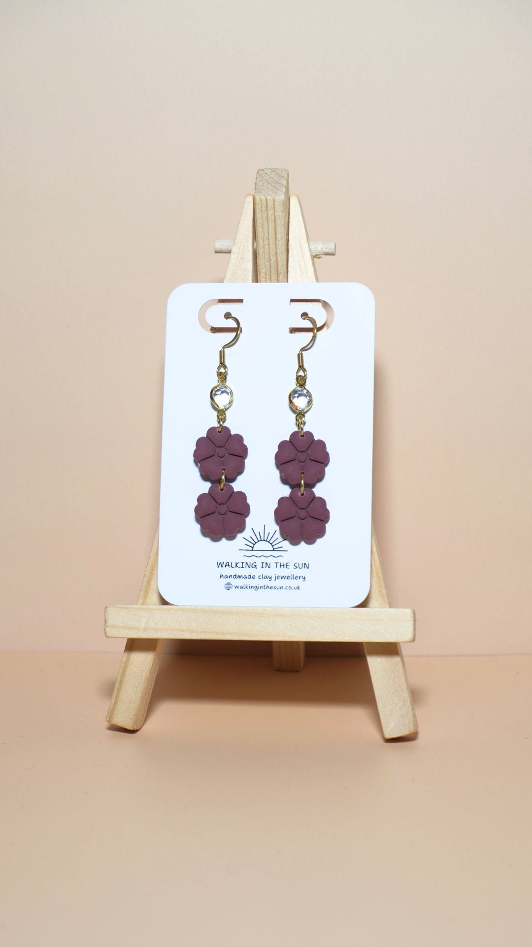 Handmade classic flower stack with gem polymer clay earrings in berry red