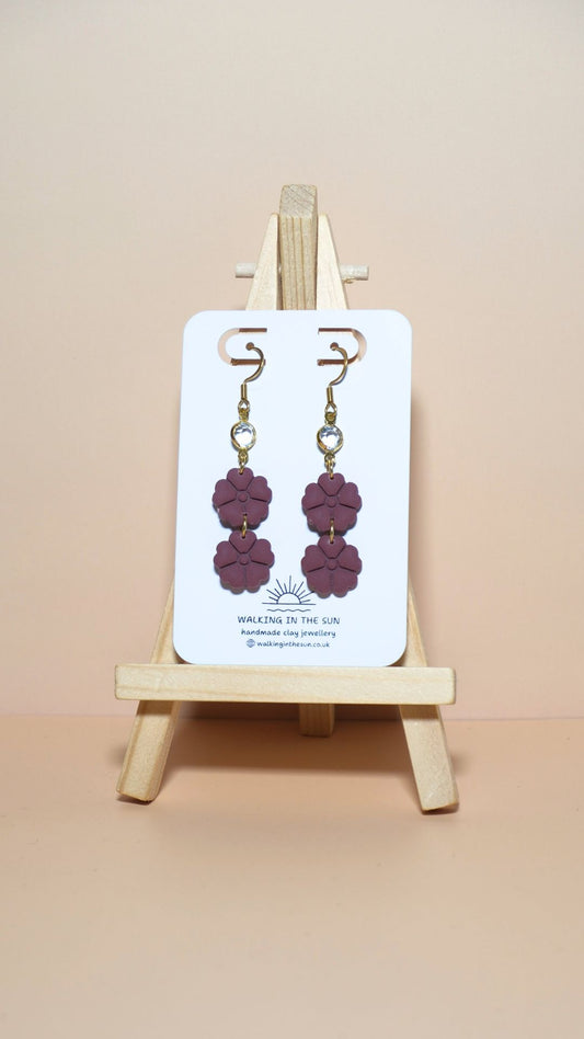 Handmade classic flower stack with gem polymer clay earrings in berry red