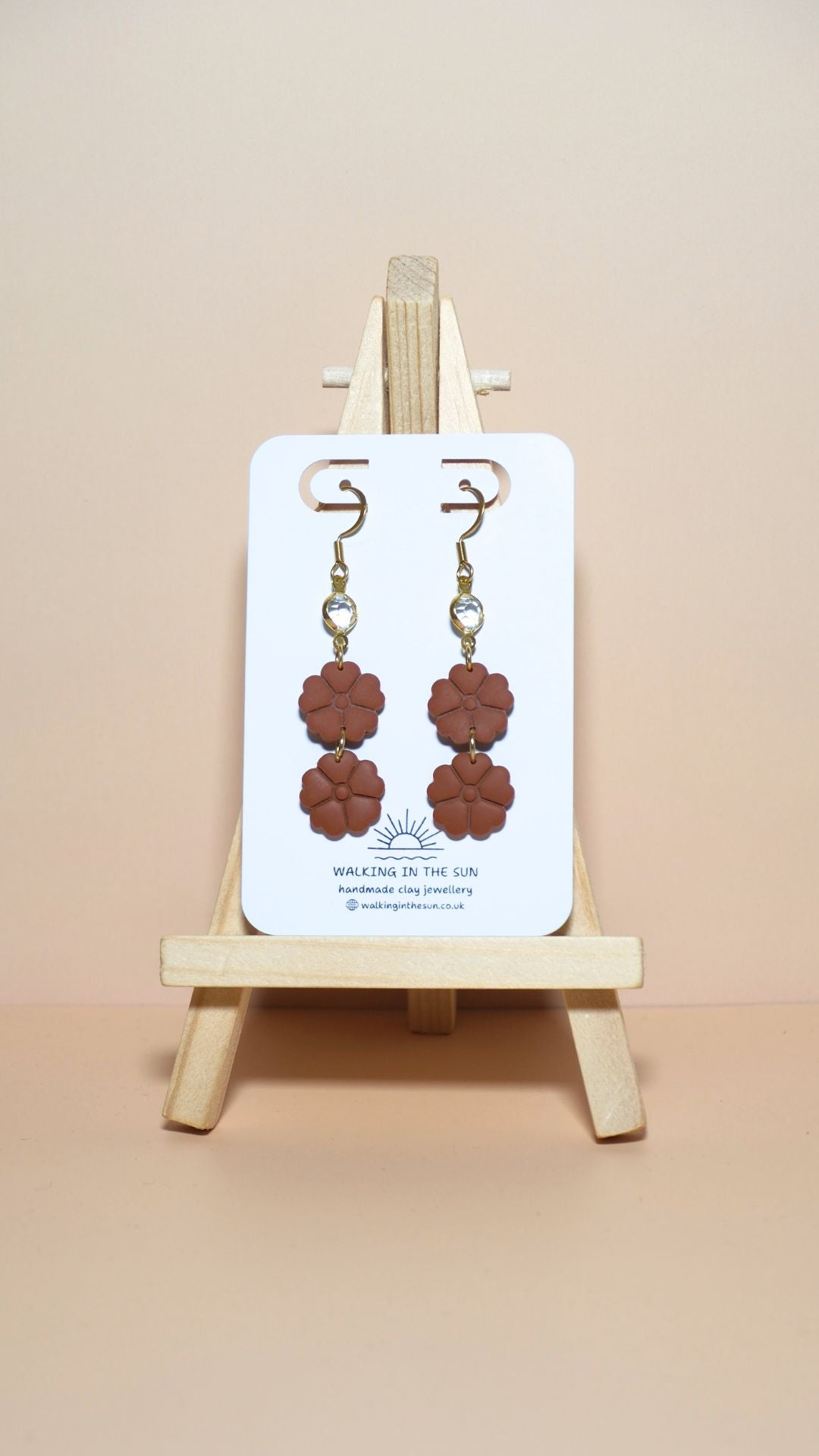 Handmade classic flower stack with gem polymer clay earrings in burnt orange