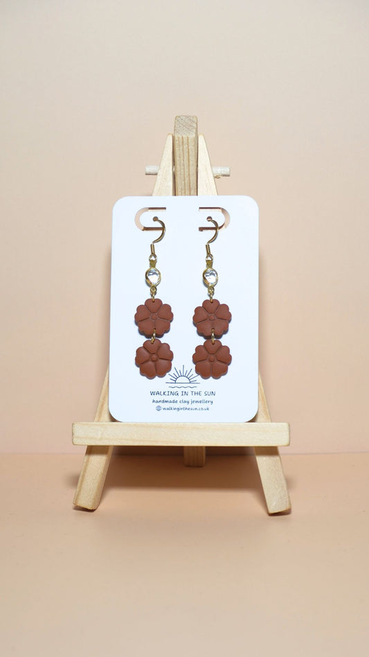 Handmade classic flower stack with gem polymer clay earrings in burnt orange