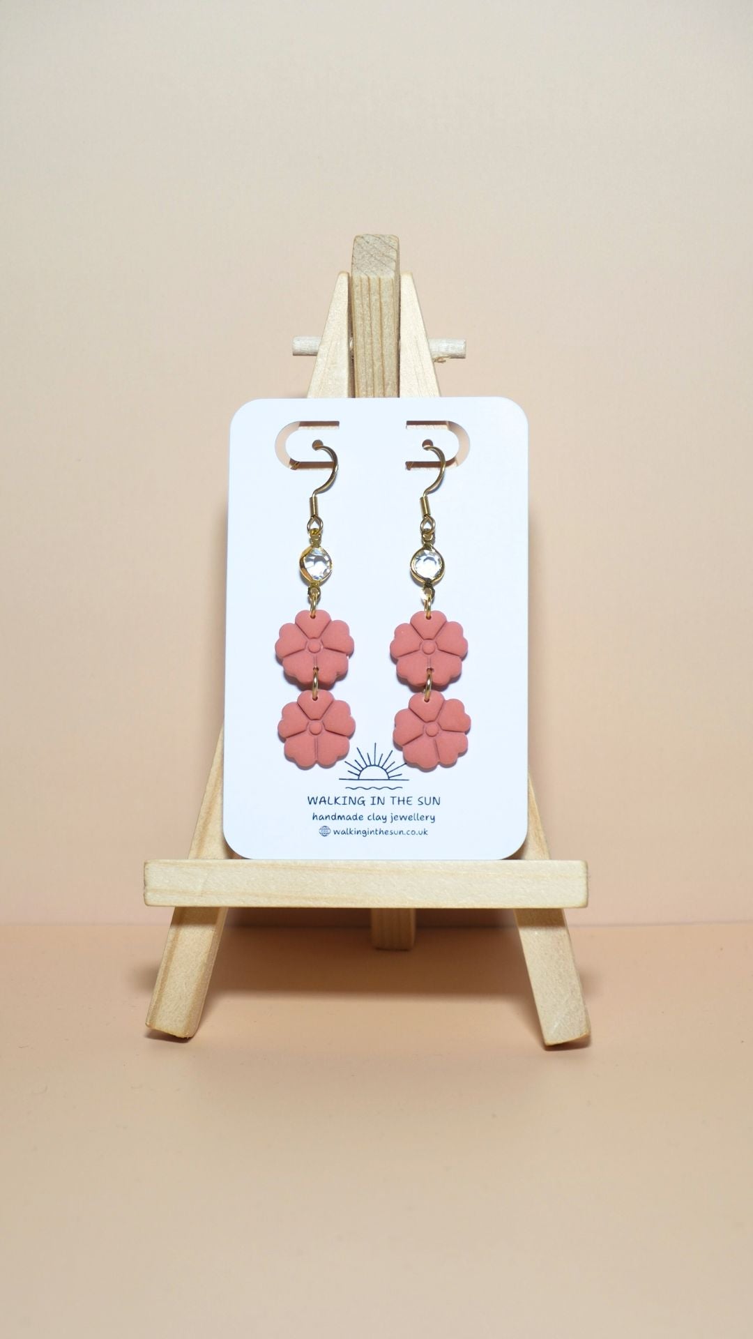 Handmade classic flower stack with gem polymer clay earrings in coral pink