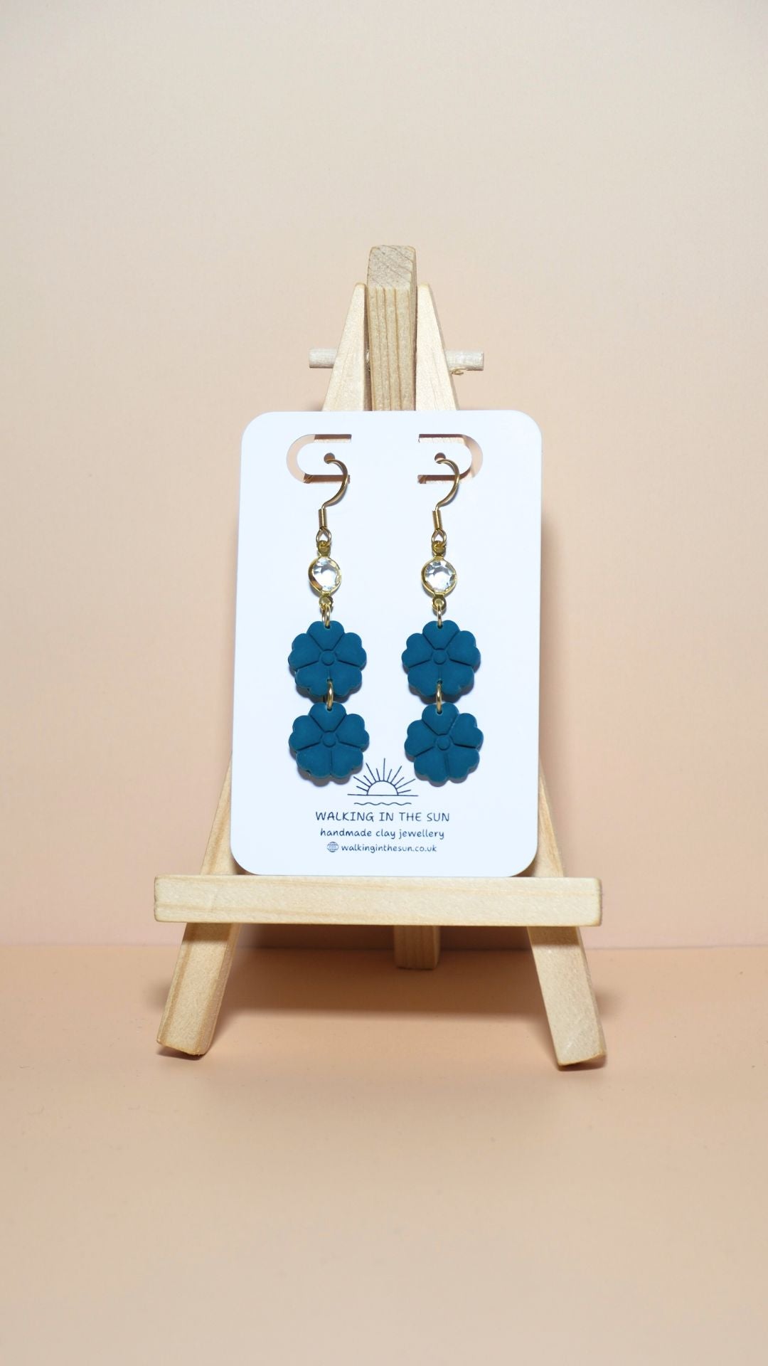 Handmade classic flower stack with gem polymer clay earrings in ice blue