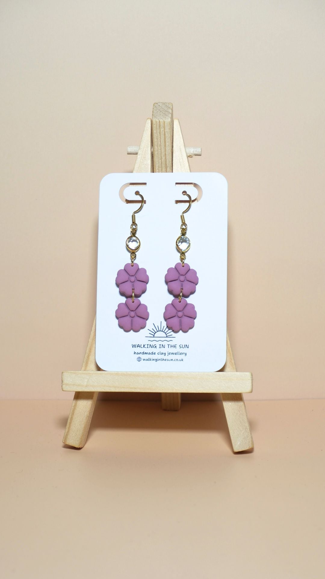 Handmade classic flower stack with gem polymer clay earrings in magnolia pink