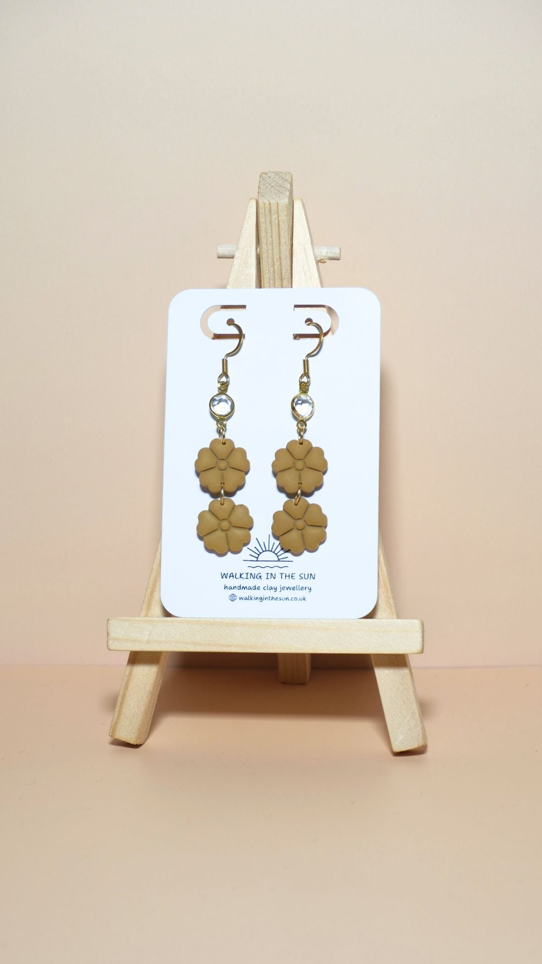 Handmade classic flower stack with gem polymer clay earrings in mustard yellow