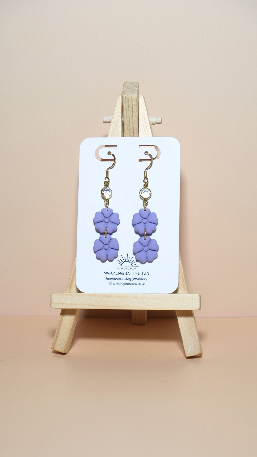 Handmade classic flower stack with gem polymer clay earrings in orchid lilac