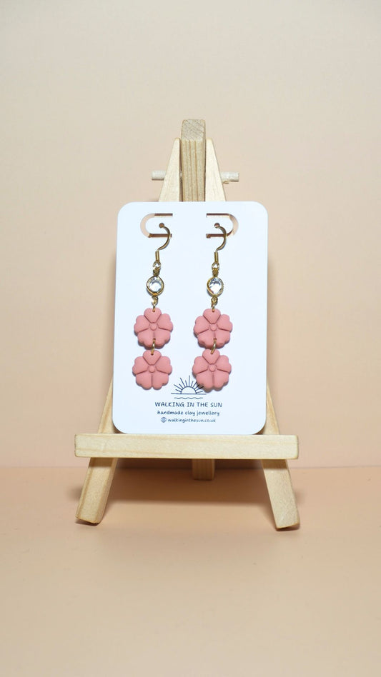 Handmade classic flower stack with gem polymer clay earrings in peach orange