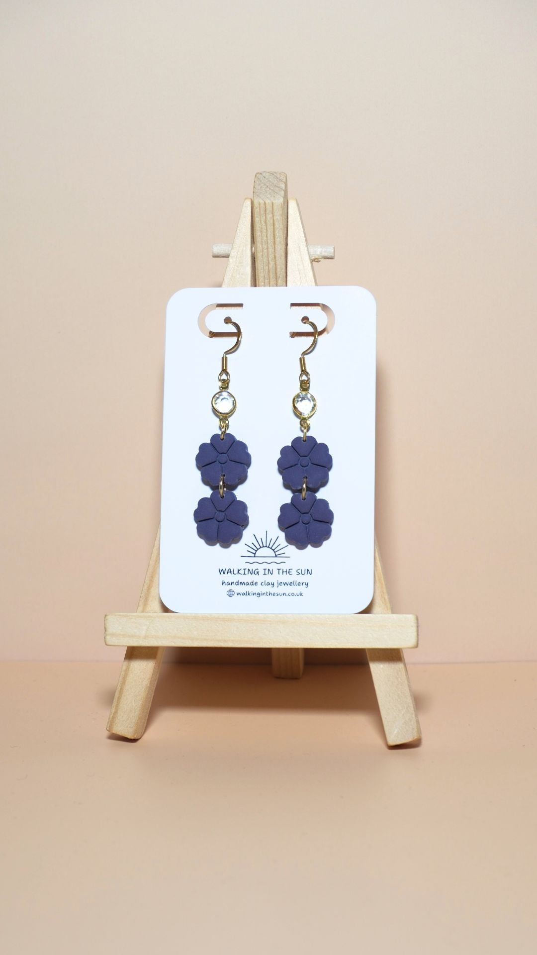 Handmade classic flower stack with gem polymer clay earrings in plum purple