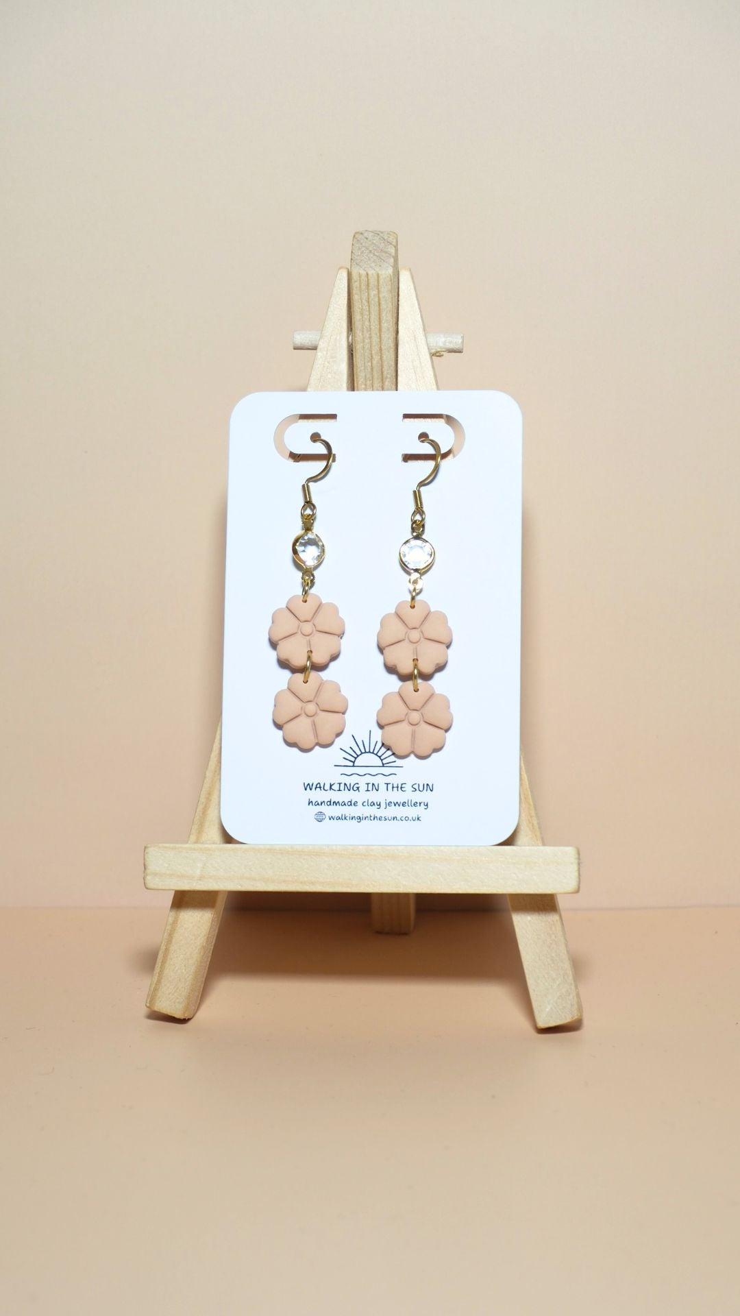 Handmade classic flower stack with gem polymer clay earrings in sandy beige