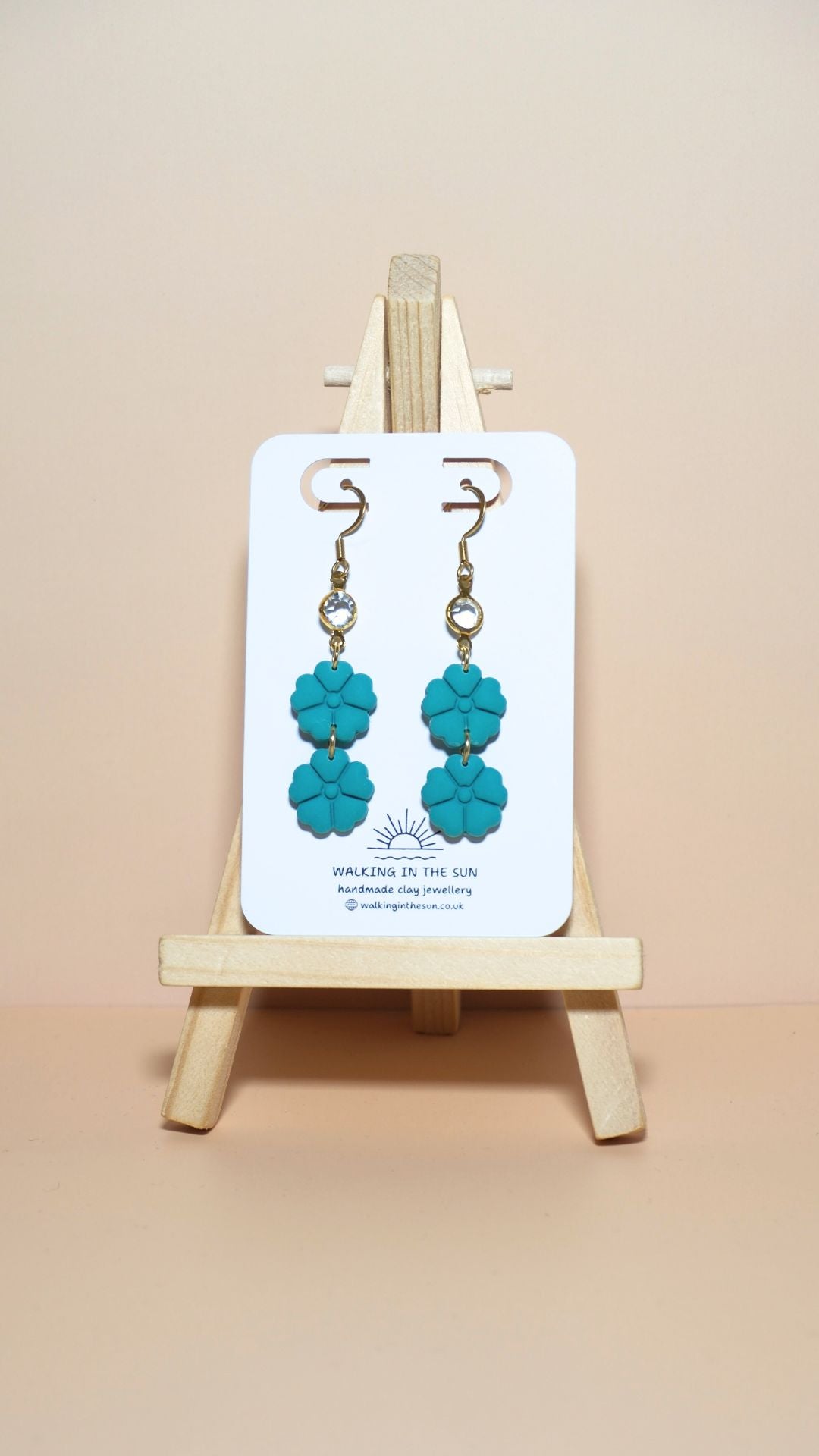 Handmade classic flower stack with gem polymer clay earrings in sea blue