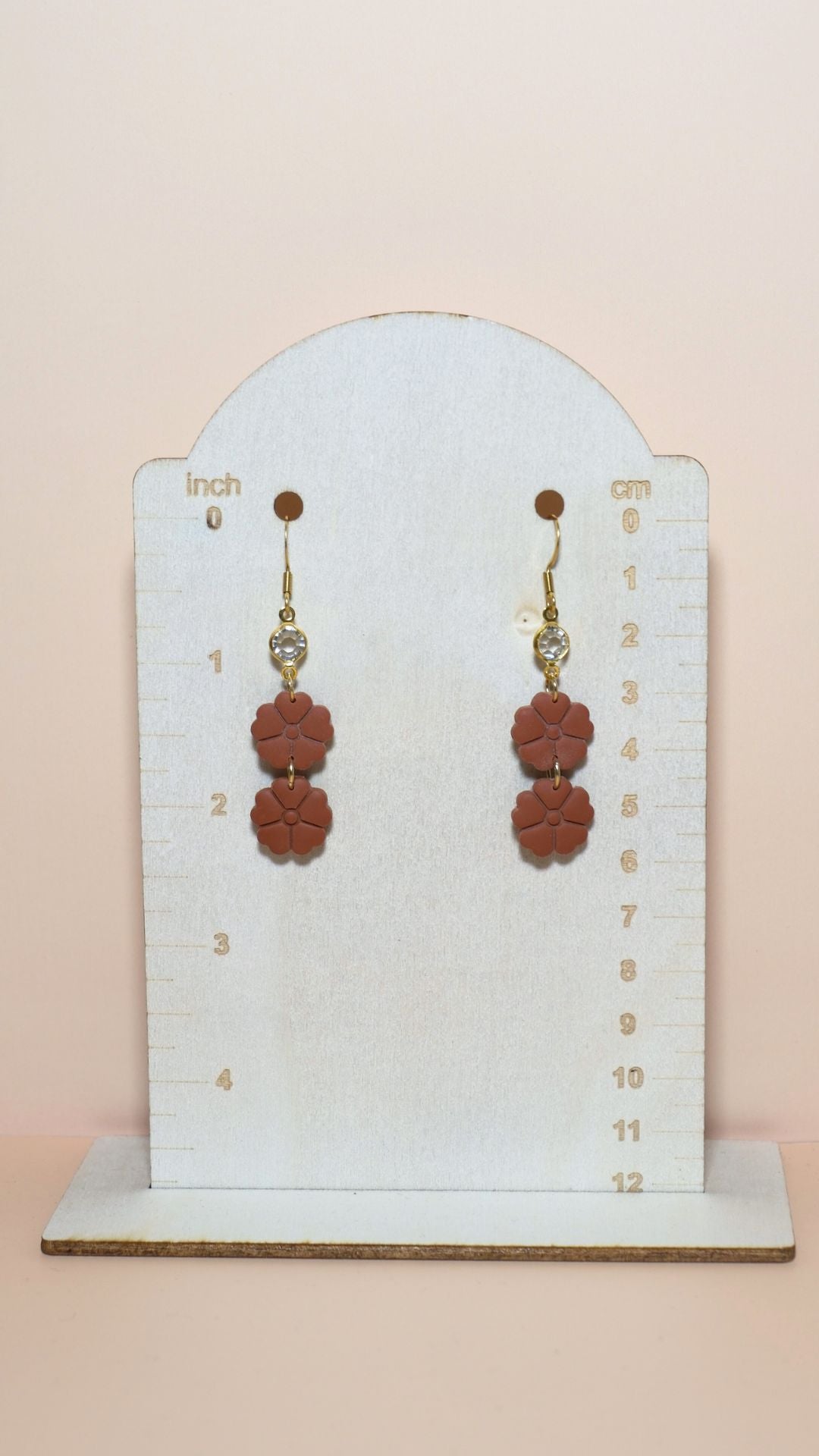 Handmade classic flower stack with gem polymer clay earrings size guide showing scale and measurements – Autumn collection