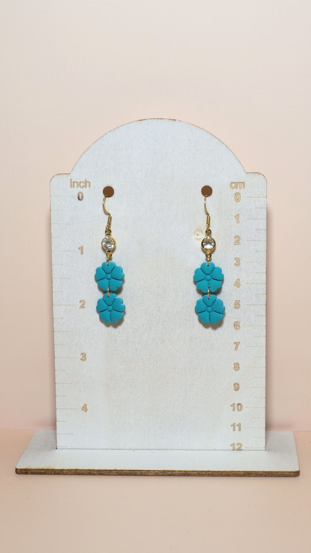 Handmade classic flower stack with gem polymer clay earrings size guide showing scale and measurements – Summer collection