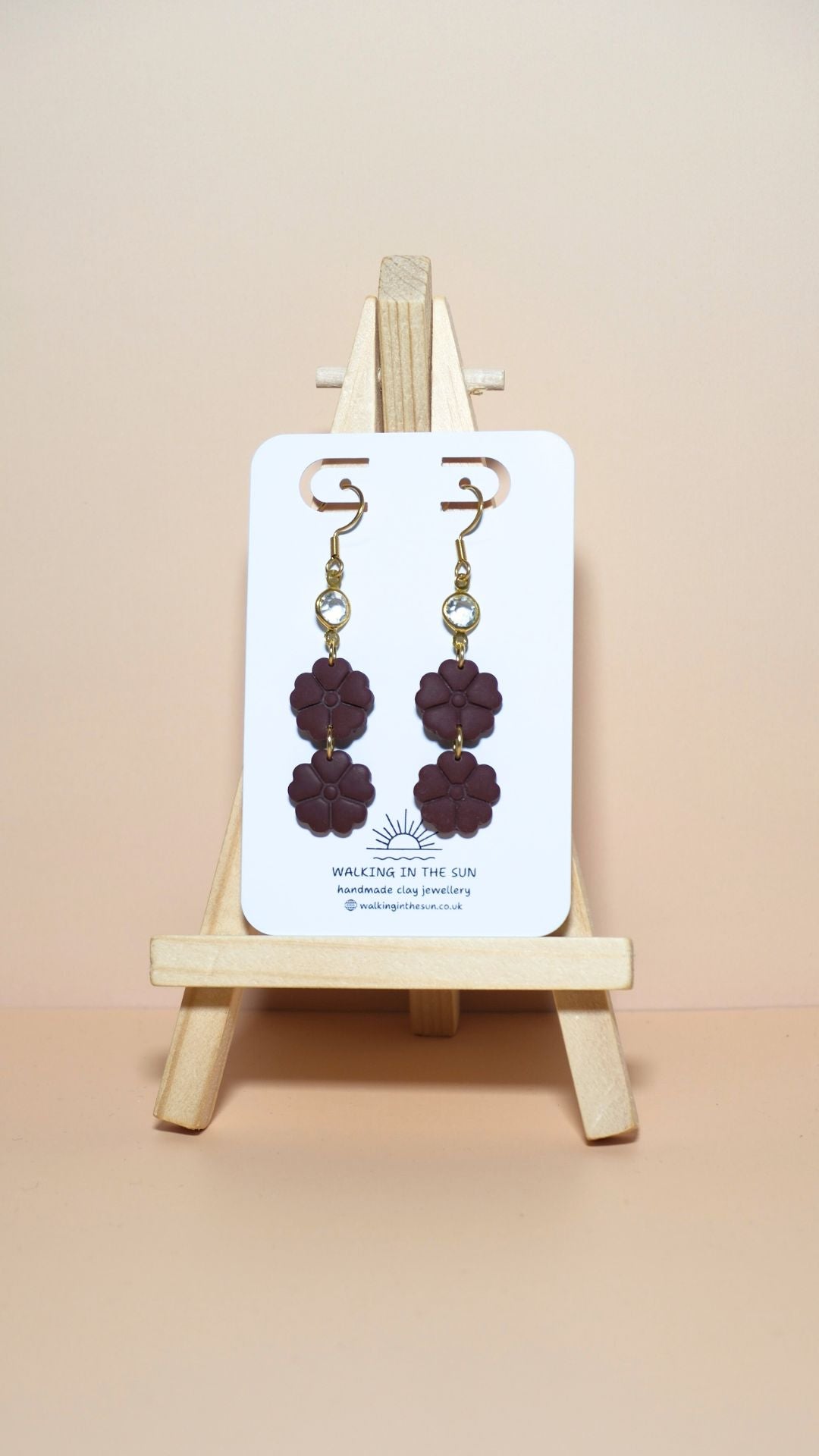 Handmade classic flower stack with gem polymer clay earrings in wine red