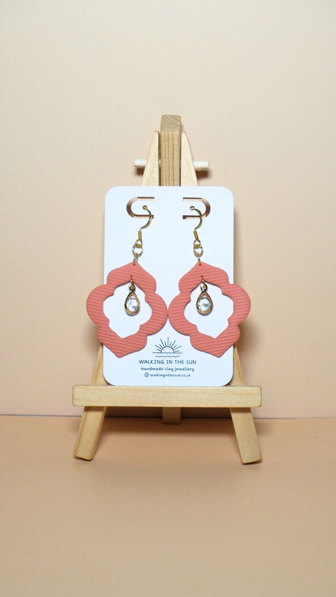 Handmade crystal drop frame polymer clay earrings in coral pink
