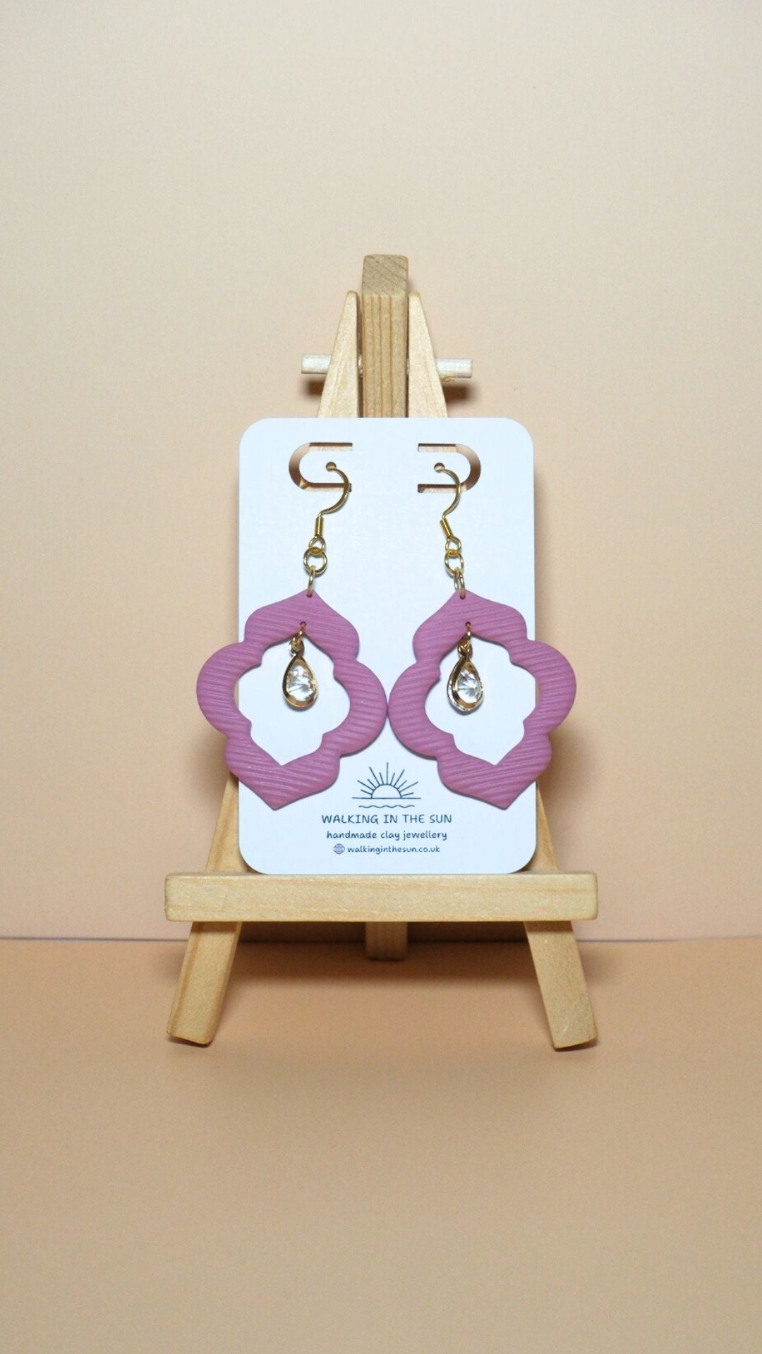 Handmade crystal drop frame polymer clay earrings in magnolia pink