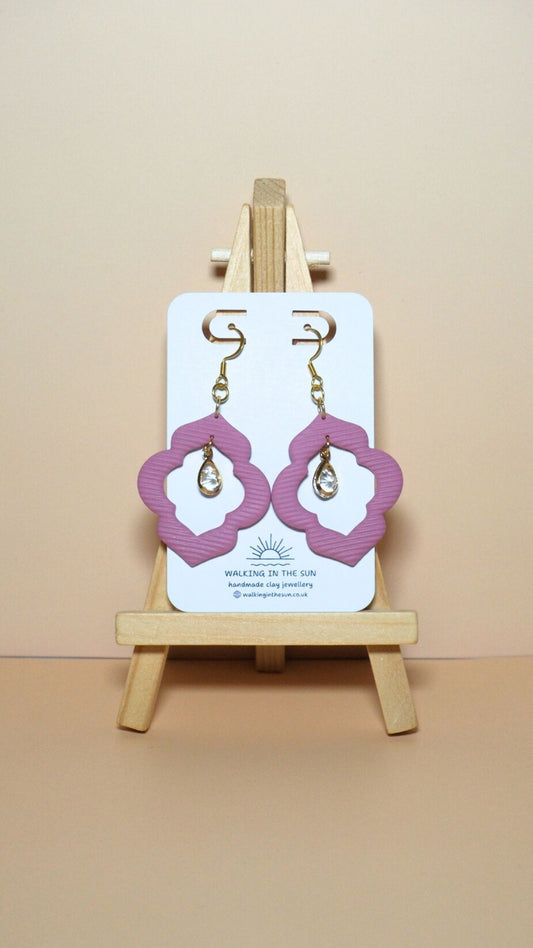 Handmade crystal drop frame polymer clay earrings in magnolia pink