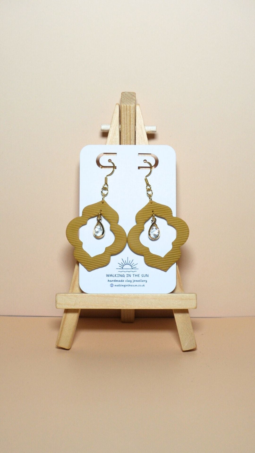 Handmade crystal drop frame polymer clay earrings in mustard yellow