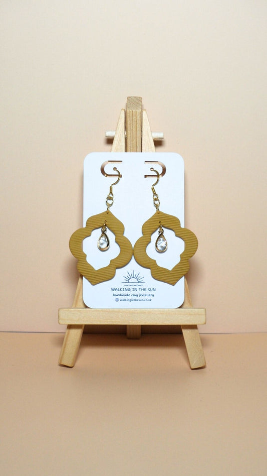 Handmade crystal drop frame polymer clay earrings in mustard yellow