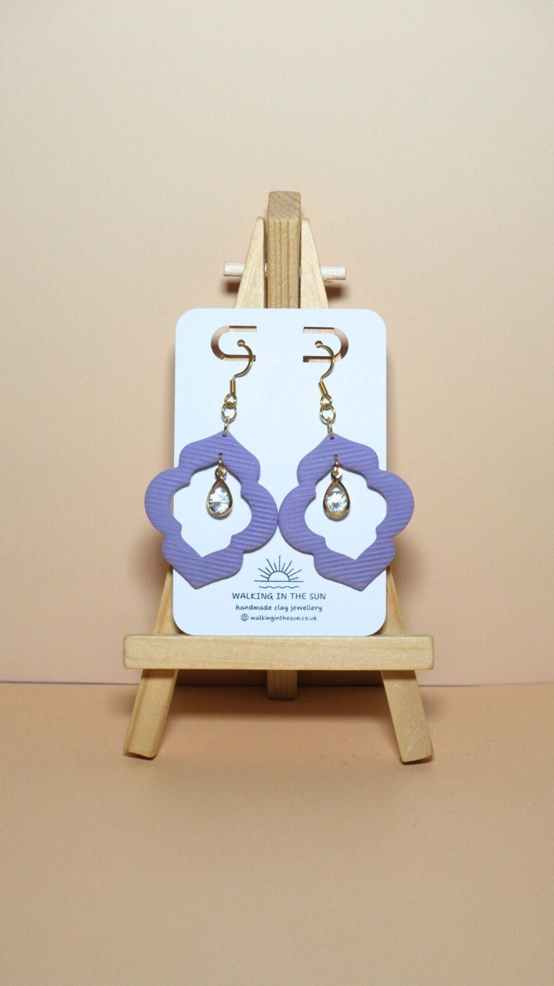 Handmade crystal drop frame polymer clay earrings in orchid lilac