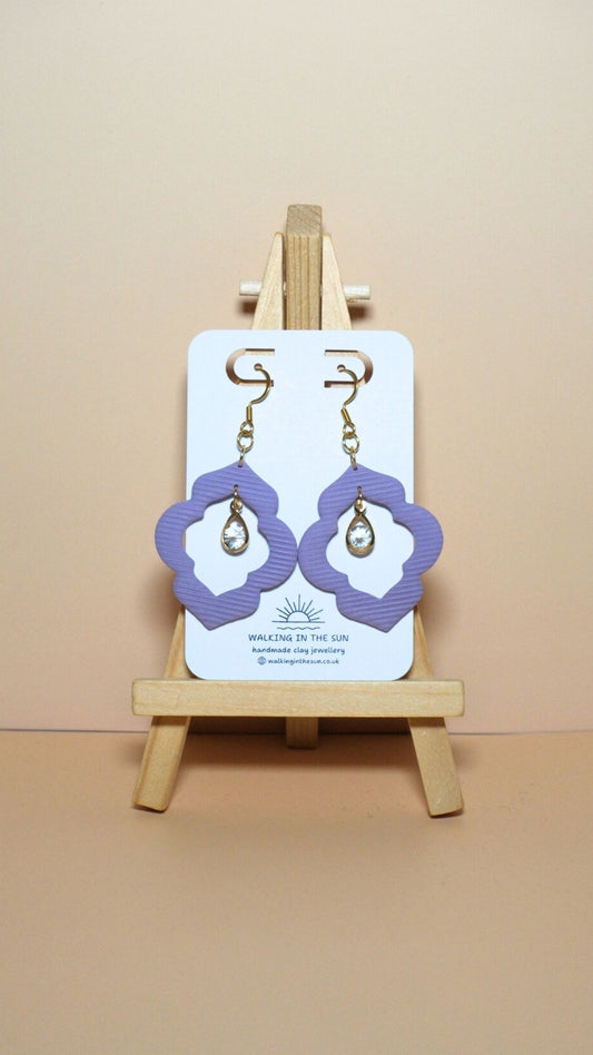 Handmade crystal drop frame polymer clay earrings in orchid lilac