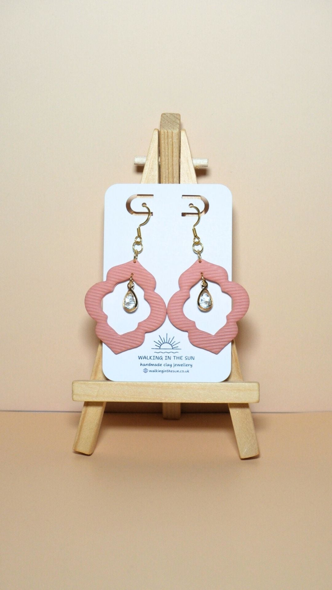Handmade crystal drop frame polymer clay earrings in peach orange