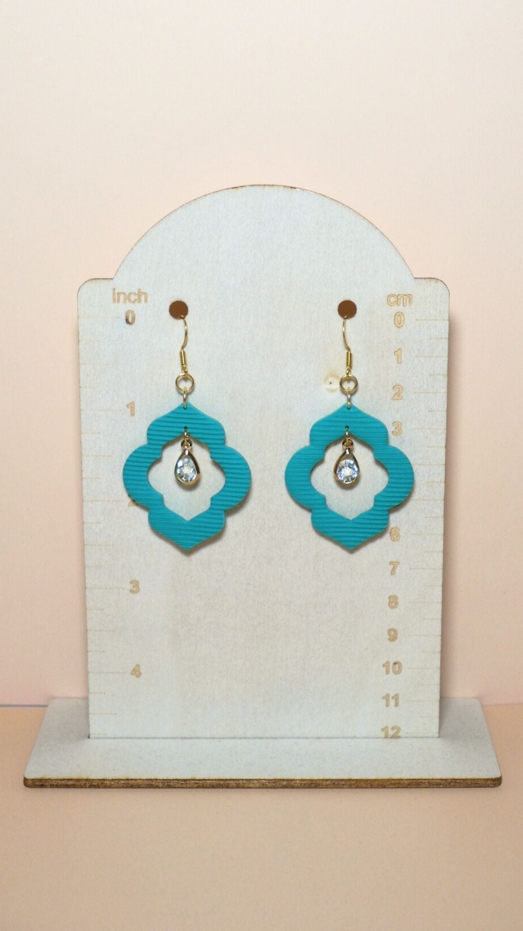 Handmade crystal drop frame polymer clay earrings size guide showing scale and measurements – Summer collection