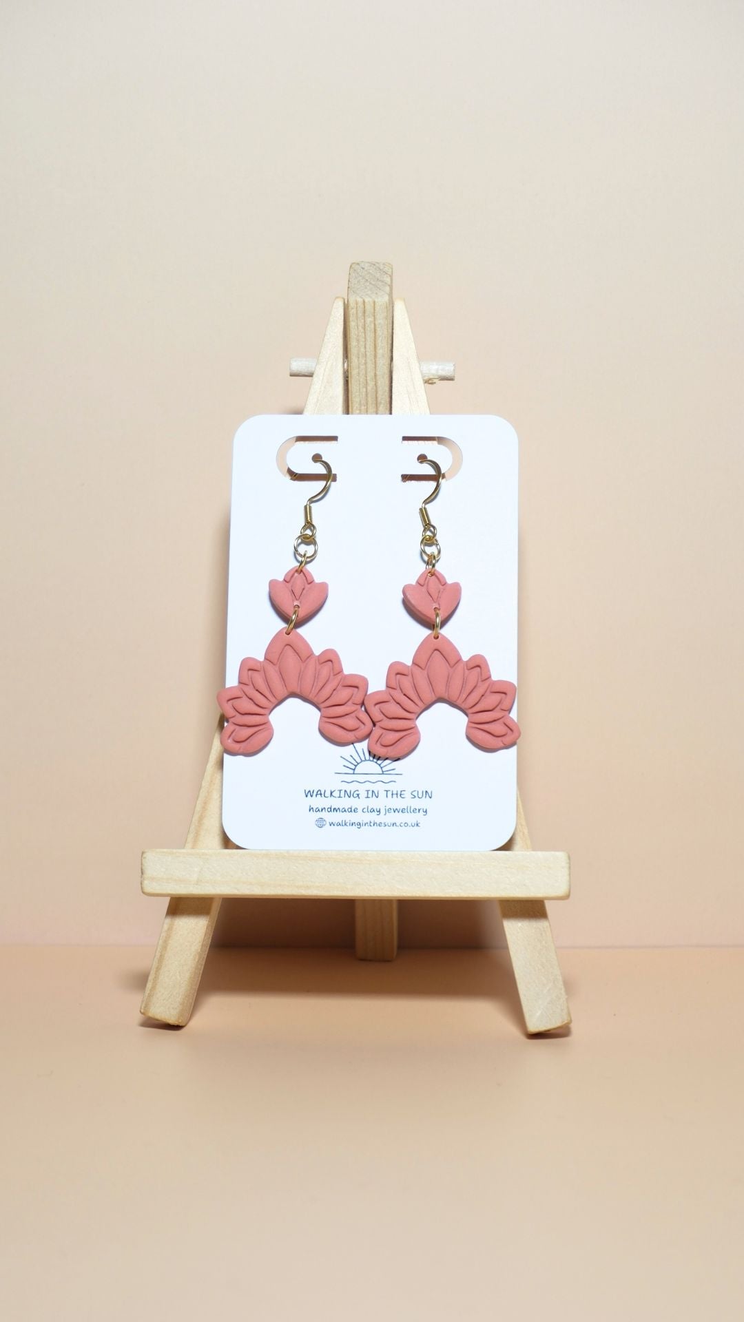 Handmade floral dangle polymer clay earrings in coral pink
