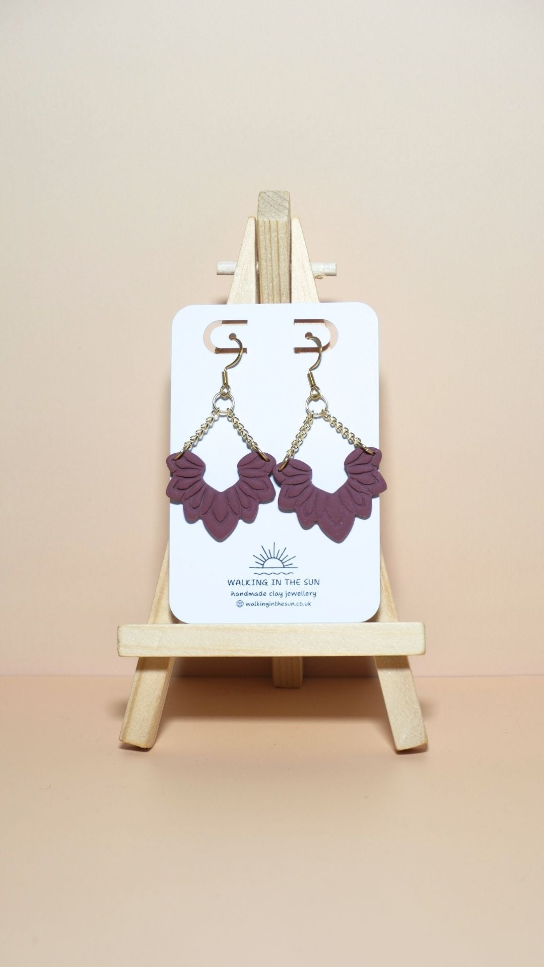 Handmade floral dangle with chains polymer clay earrings in berry red