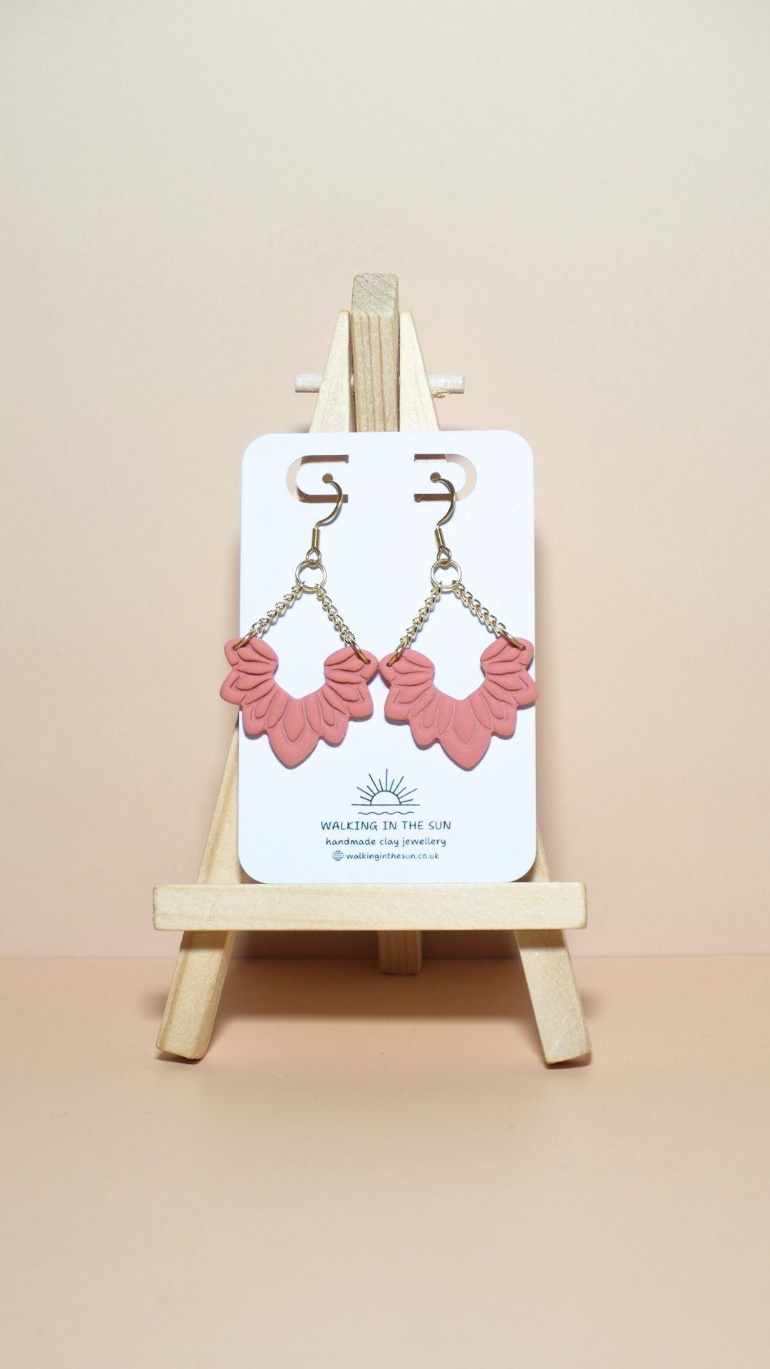 Handmade floral dangle with chains polymer clay earrings in coral pink
