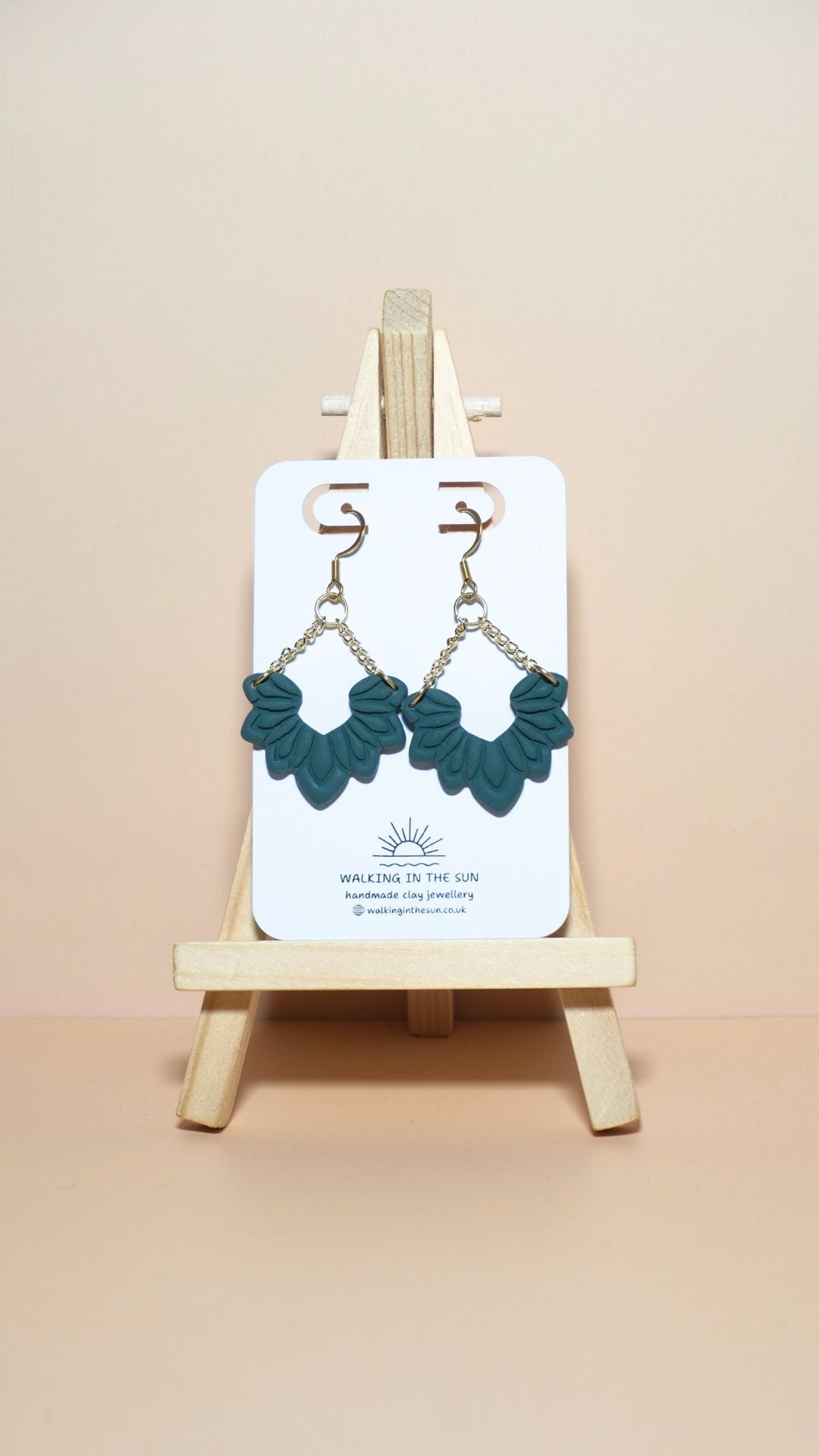 Handmade floral dangle with chains polymer clay earrings in forest green