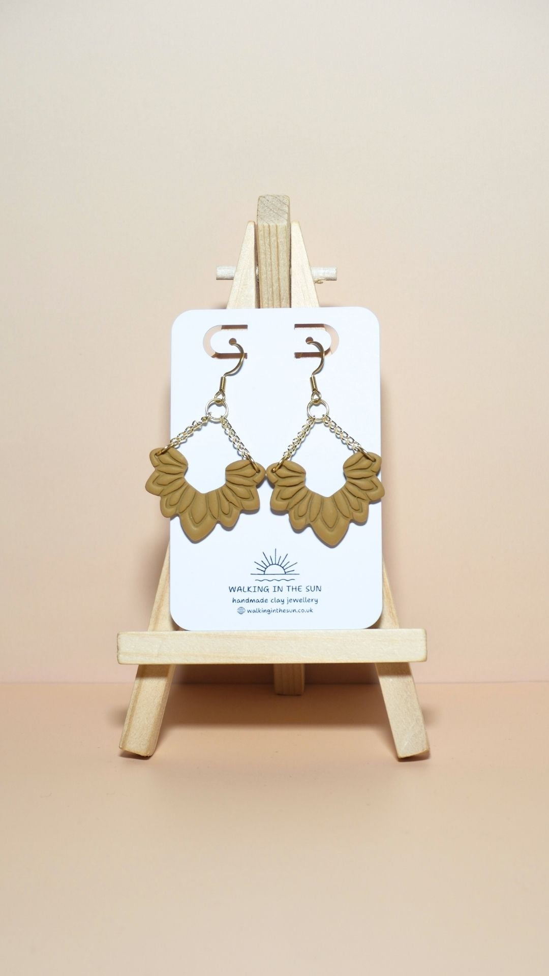 Handmade floral dangle with chains polymer clay earrings in mustard yellow